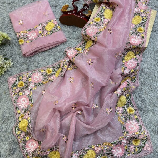 Women's Elegant Baby Pink Organza Saree with Multi-Color Floral Embroidery & Scalloped Cutwork Border – Complete with Heavily Worked Blouse Piece for Festive & Wedding Wear