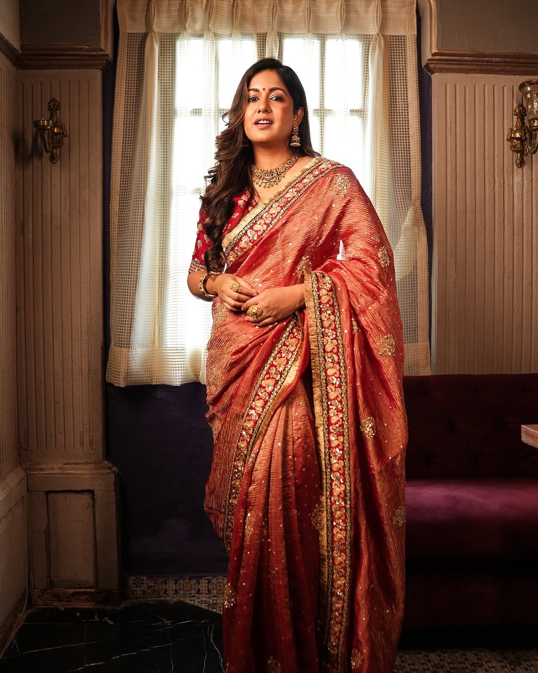 Women's Radiant Rani Pink Banarasi Crush Saree with Gota Patti & Sequin Embellished Border – Complete with Heavily Worked Blouse for Festive & Wedding Wear - Image 3