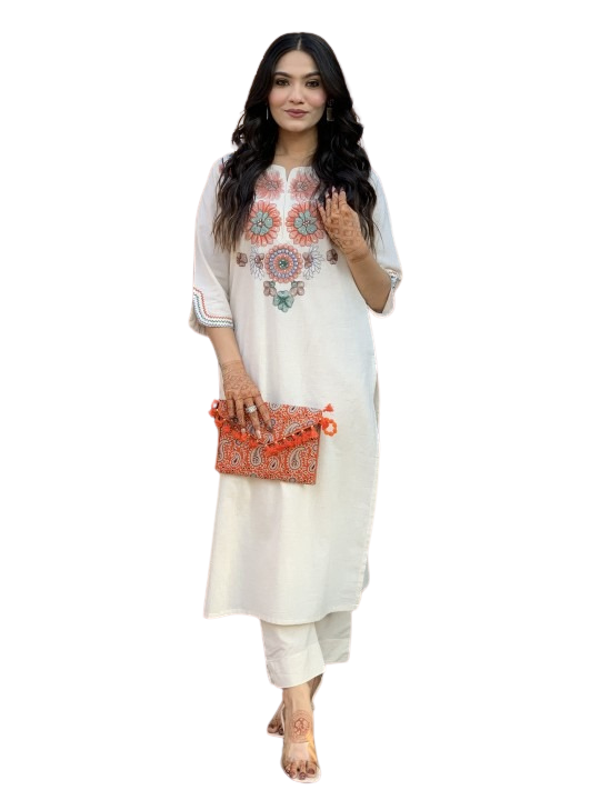 Women's Cotton Ethnic Set with Kurta, Palazzo & Dupatta(M)