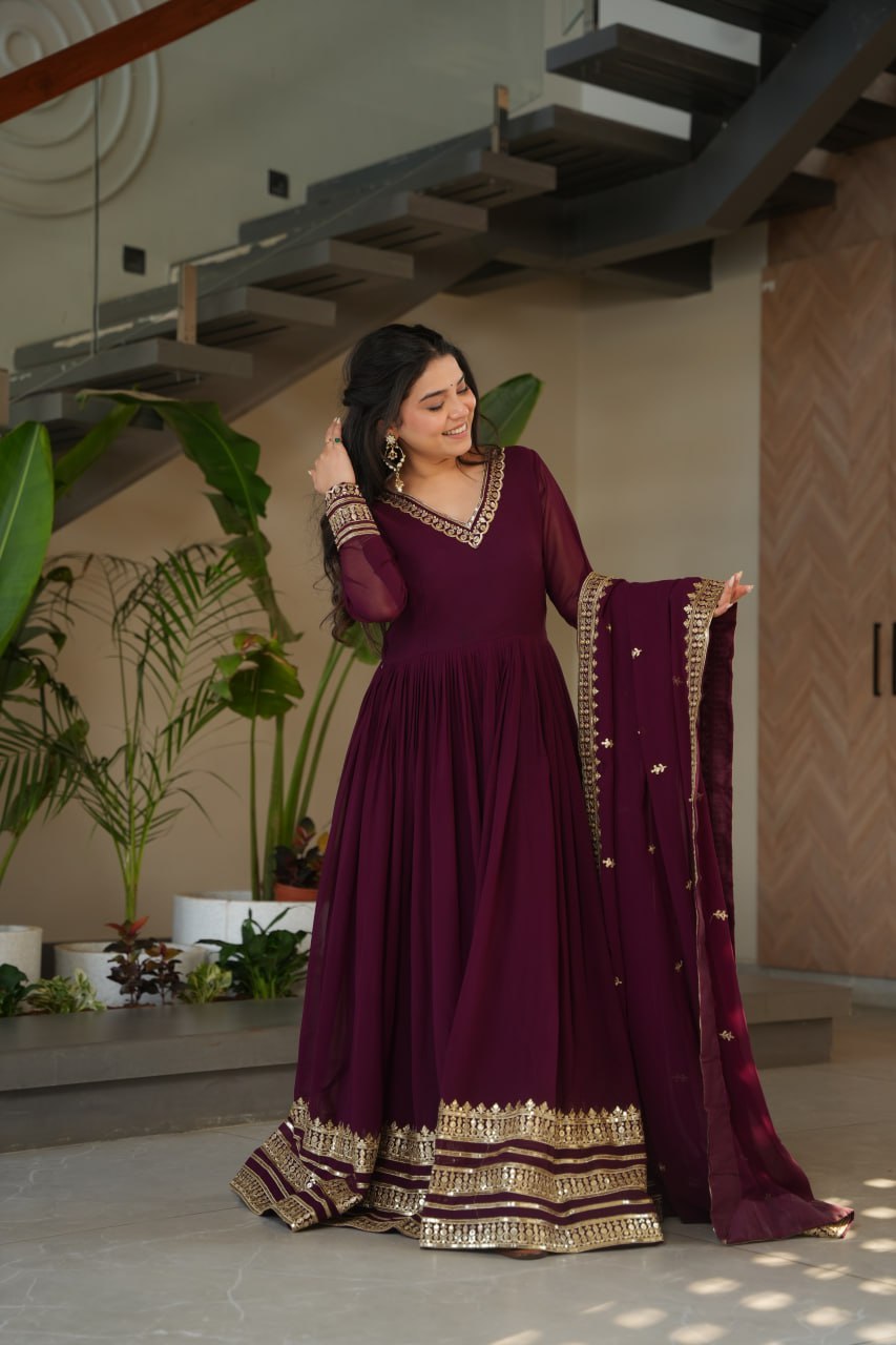 Women's Regal Wine Purple Anarkali Gown with Intricate Golden Gota Patti Work – Complete with Matching Dupatta for Festive & Wedding Wear - Image 9