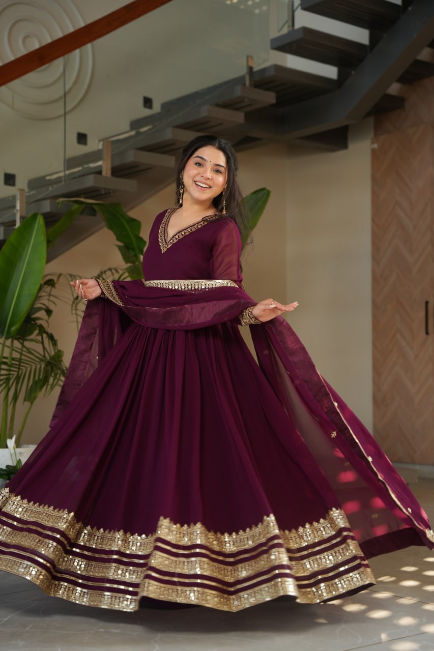 Women's Regal Wine Purple Anarkali Gown with Intricate Golden Gota Patti Work – Complete with Matching Dupatta for Festive & Wedding Wear - Image 6