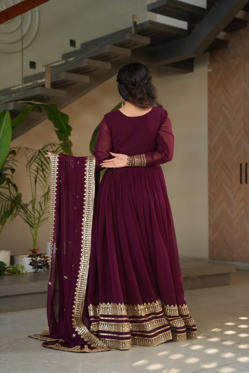 Women's Regal Wine Purple Anarkali Gown with Intricate Golden Gota Patti Work – Complete with Matching Dupatta for Festive & Wedding Wear - Image 5