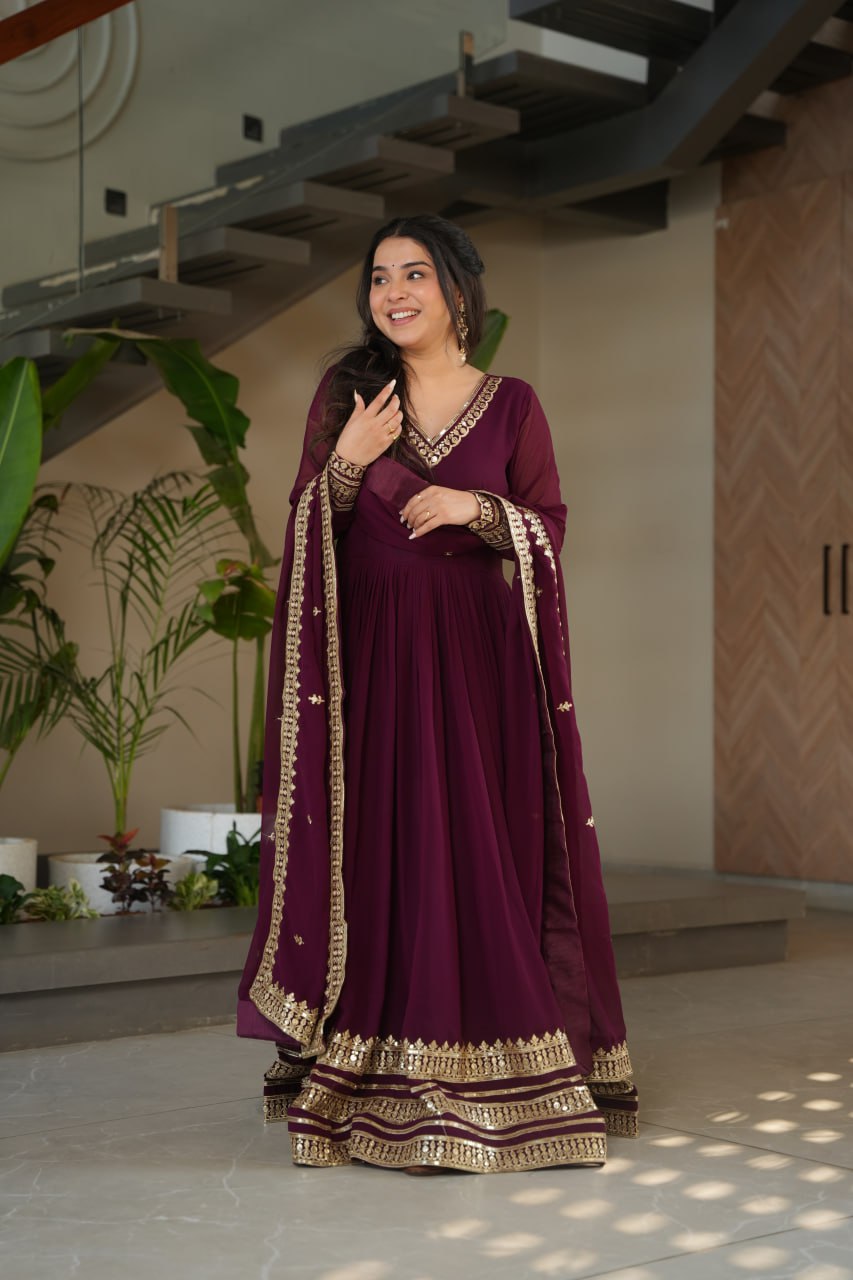 Women's Regal Wine Purple Anarkali Gown with Intricate Golden Gota Patti Work – Complete with Matching Dupatta for Festive & Wedding Wear