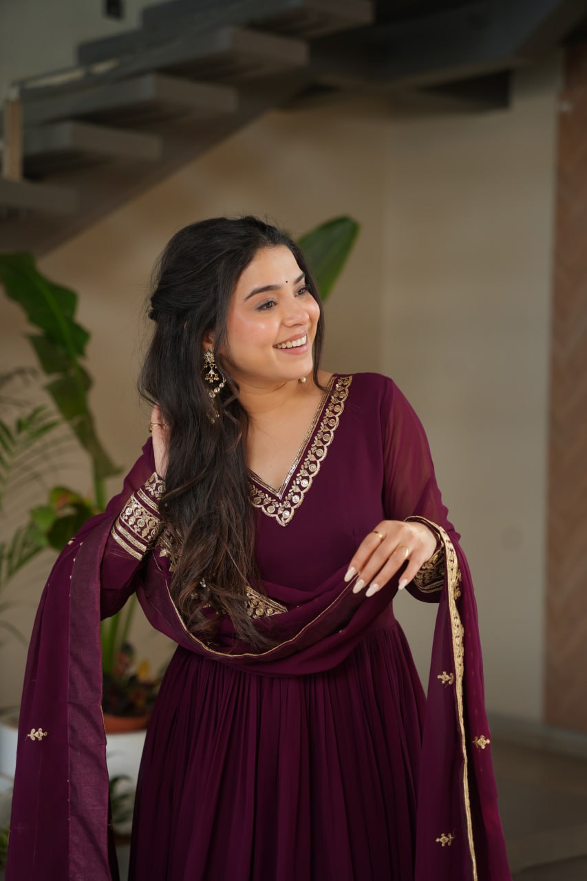 Women's Regal Wine Purple Anarkali Gown with Intricate Golden Gota Patti Work – Complete with Matching Dupatta for Festive & Wedding Wear - Image 3