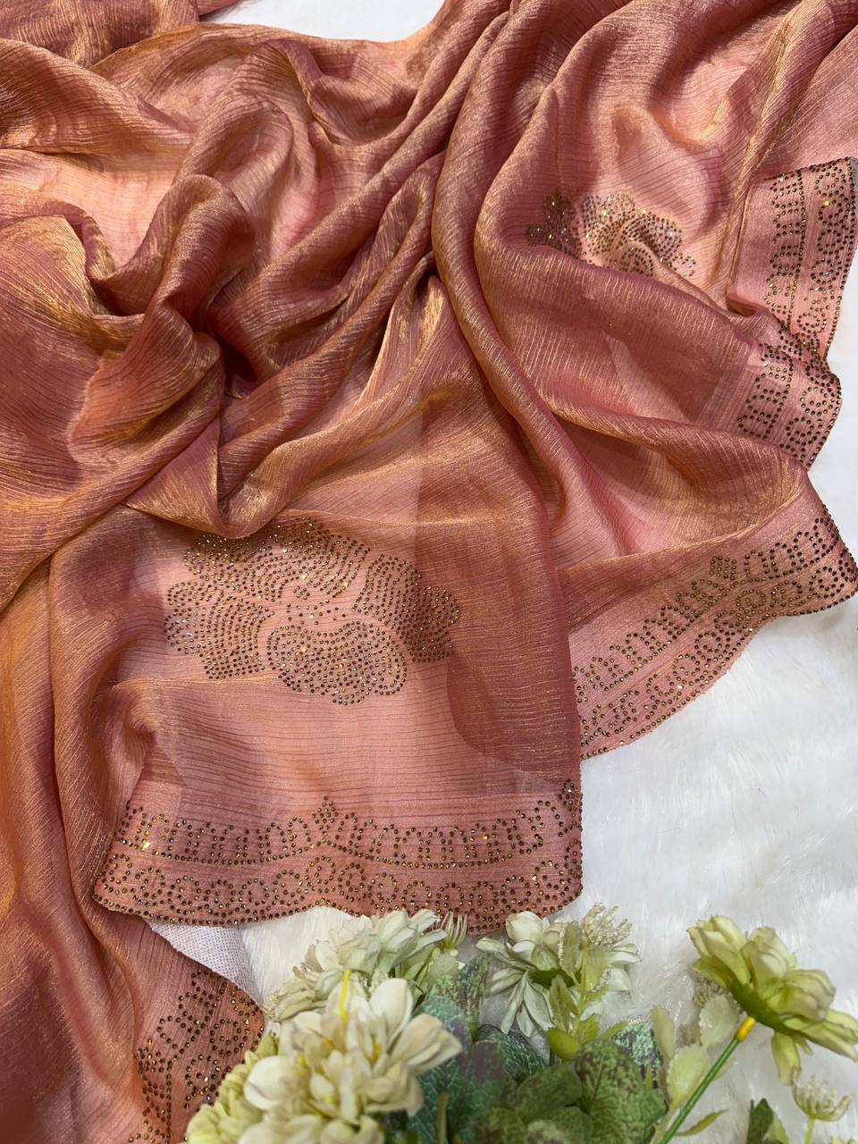 Women's Glamorous Rose Gold Shimmer Saree with All-Over Diamond & Sequin Embellishments – Paired with Luxurious Maroon Velvet Blouse for Festive & Wedding Wear - Image 7