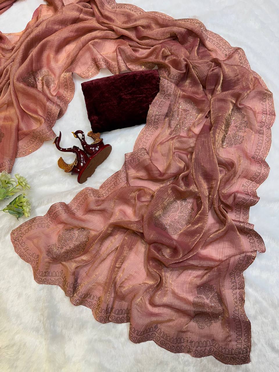 Women's Glamorous Rose Gold Shimmer Saree with All-Over Diamond & Sequin Embellishments – Paired with Luxurious Maroon Velvet Blouse for Festive & Wedding Wear - Image 2