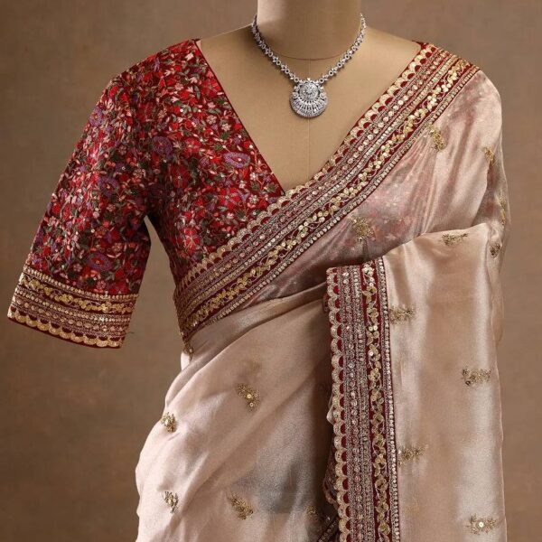 Women's Exquisite Ivory Tissue Organza Saree with Gold Sequin & Zari Embroidery – Paired with Heavy Maroon Readymade Blouse for Wedding & Festive Wear